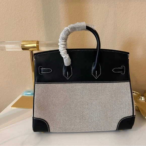 25cm Leather & Canvas Combo Black Satchel